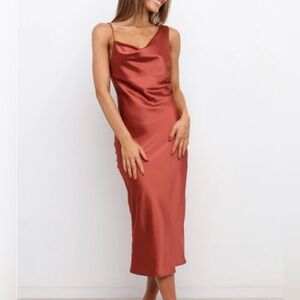 Petal & Pup Midi Satin Cowl Neck Slip Dress in Rusty Copper